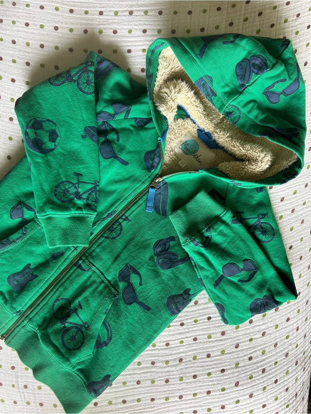 Mini Boden Green Hooded Zip-Up with Navy “Cool” Print
